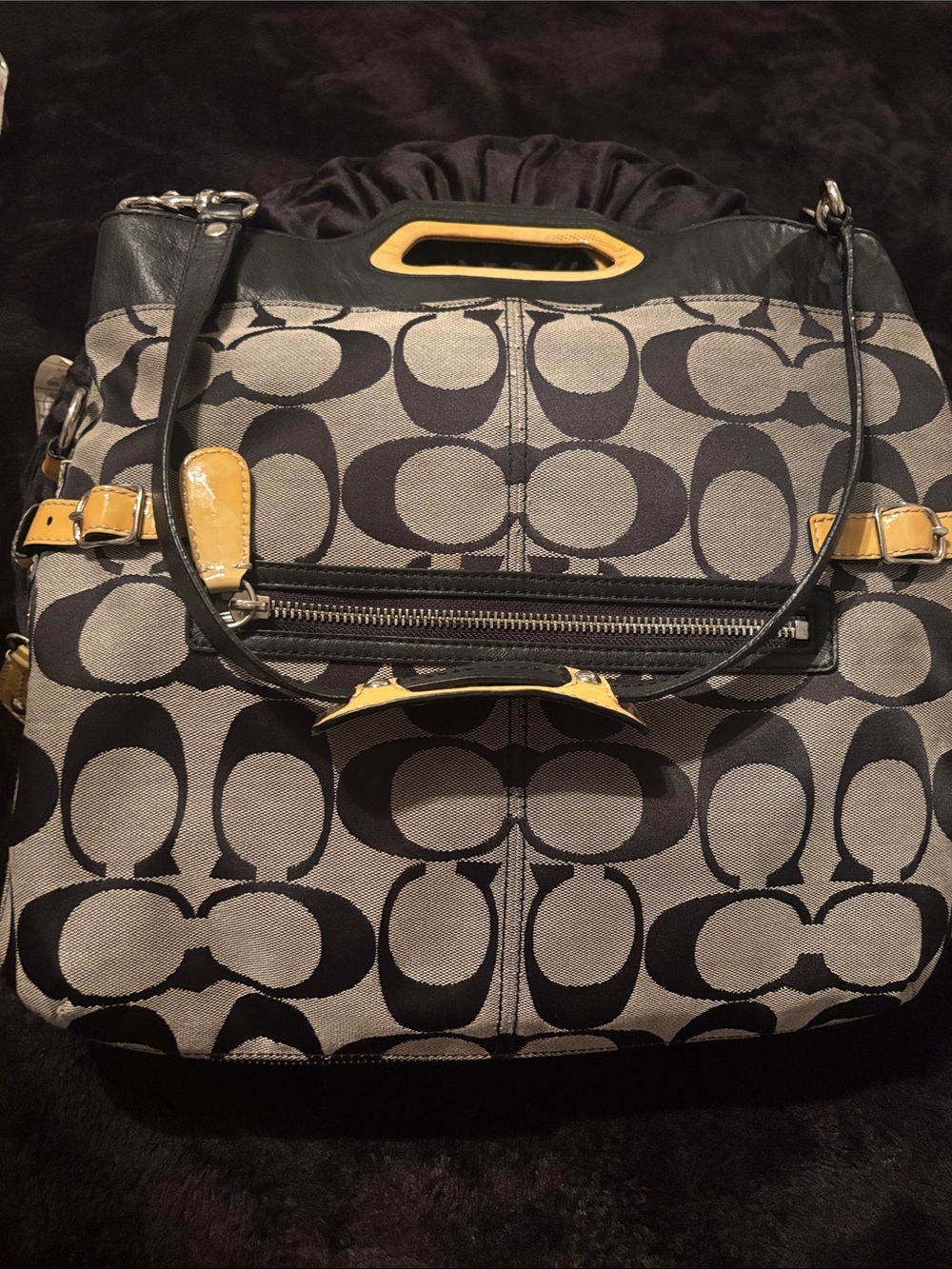 Coach Bonnie Cashin Black & Gray Signature Shoulder Bag with Yellow Trim